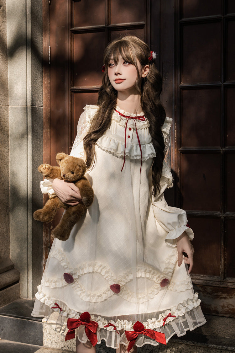 Ivory Strawberry Cream Cake Stand Collar Long Sleeves Ruffled Bow Lace Sweet Lolita Dress
