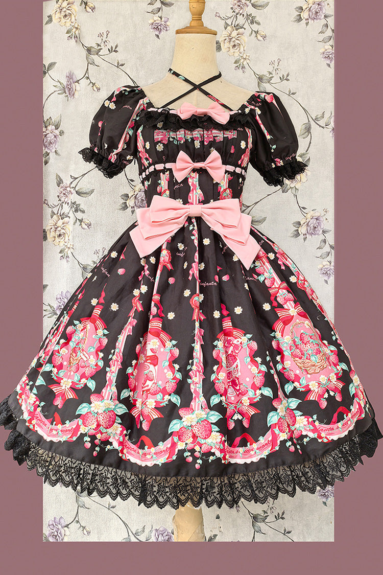 Strawberry Chef Short Sleeves Print Bowknot Lace Sweet Lolita Dress 4 Colors