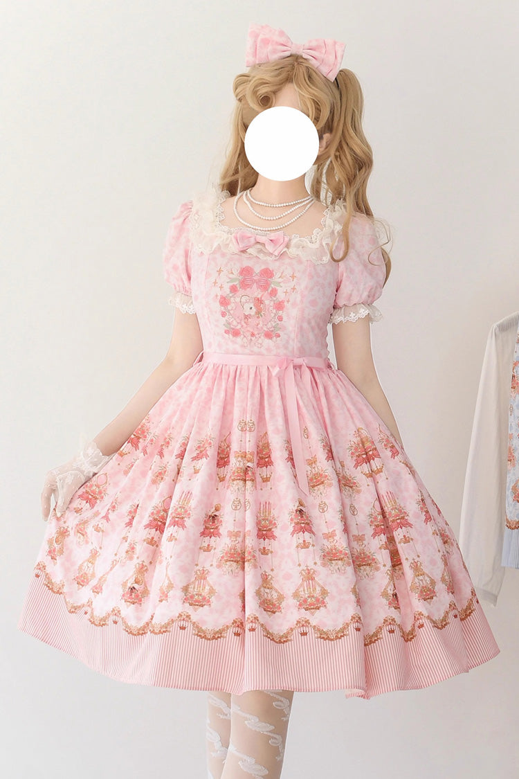 Pink Rose Garden Rabbit Print Ruffle Bowknot Sweet Lolita Dress