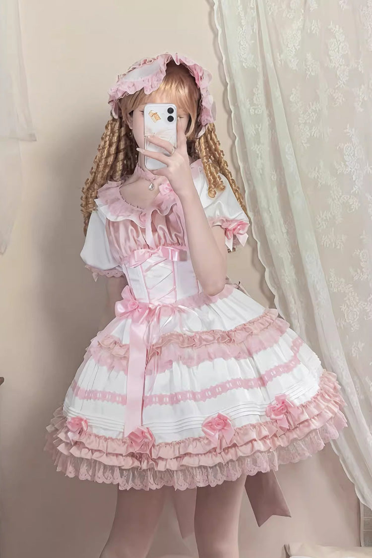 White/Pink Layered Peach Ice Short Sleeves Ruffle Bowknot Lace Sweet Lolita Dress