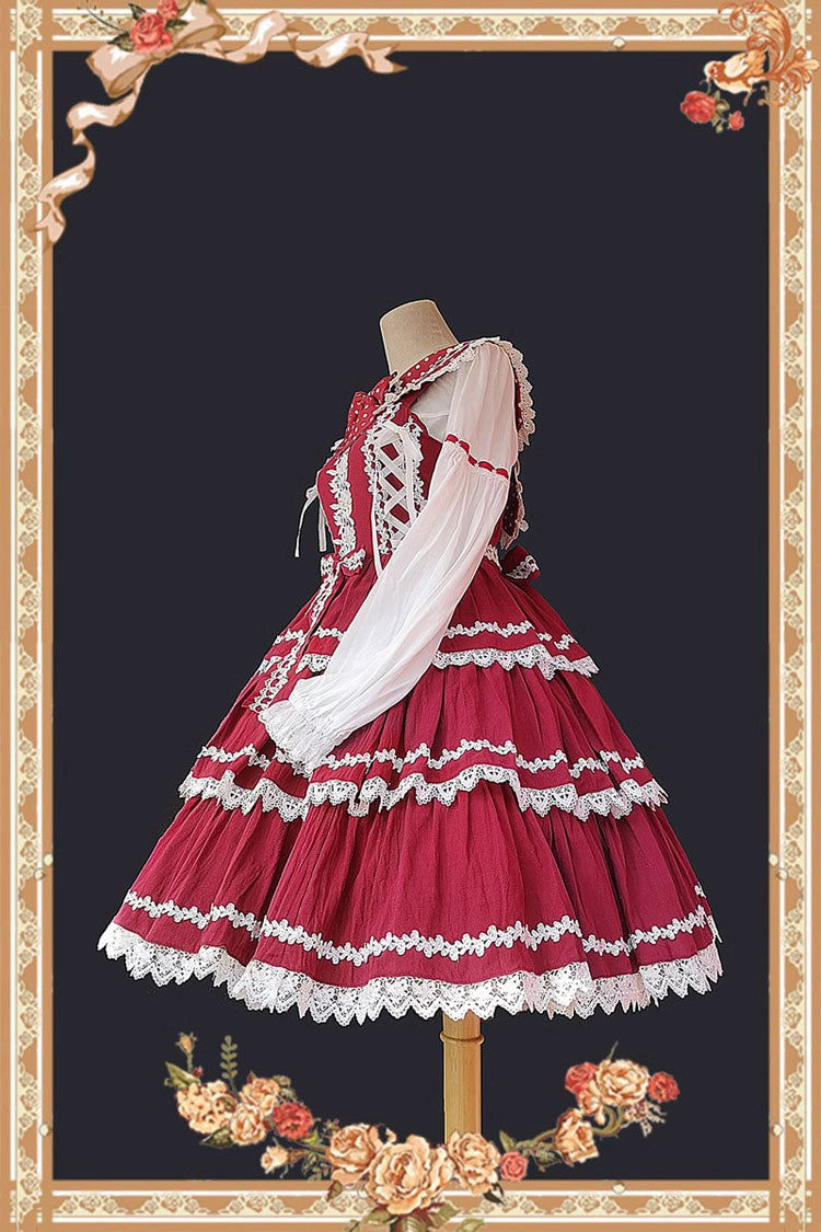 Red/White Three-section Cake Sleeveless Ribbon Sweet Lolita Tiered Dress