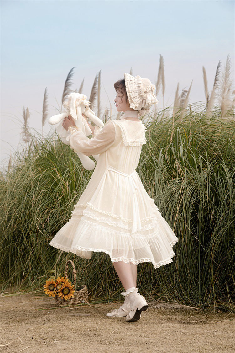 Ivory Sunflower Diary Long Sleeves Ruffle Embroidery Bowknot Lace Chiffon Sweet Princess Lolita Dress