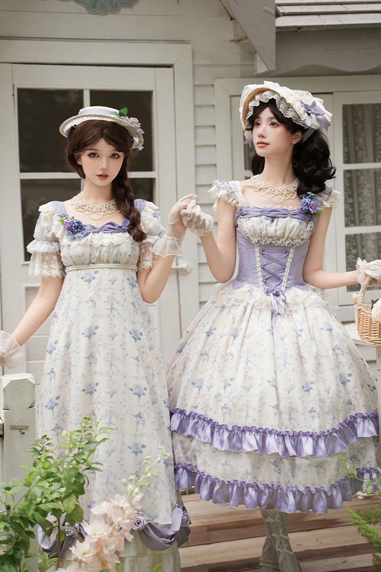 Purple/Ivory Iris Secrets Double-Layered Print Ruffle Bowknot Lace-Up Fake Two Pieces Sweet Lolita Jsk Dress
