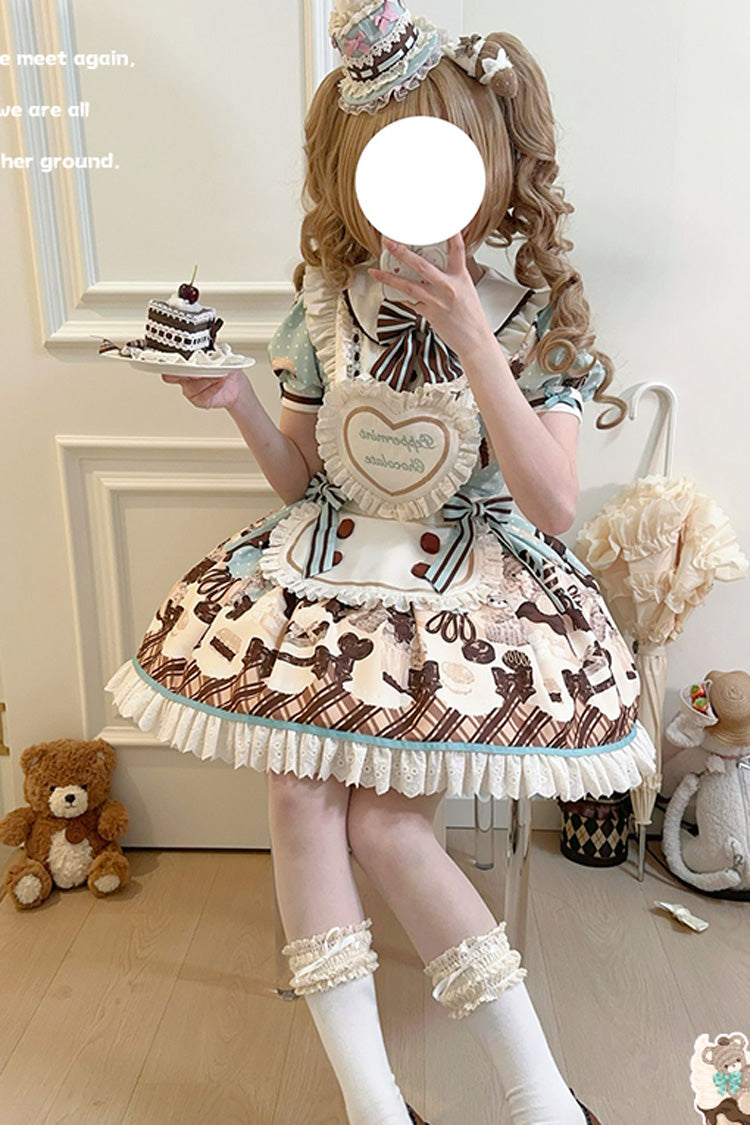Brown Peppermint Chocolate Chocolate Cake Bear Print Ruffle Bowknot Lace-Up Sweet Lolita Dress