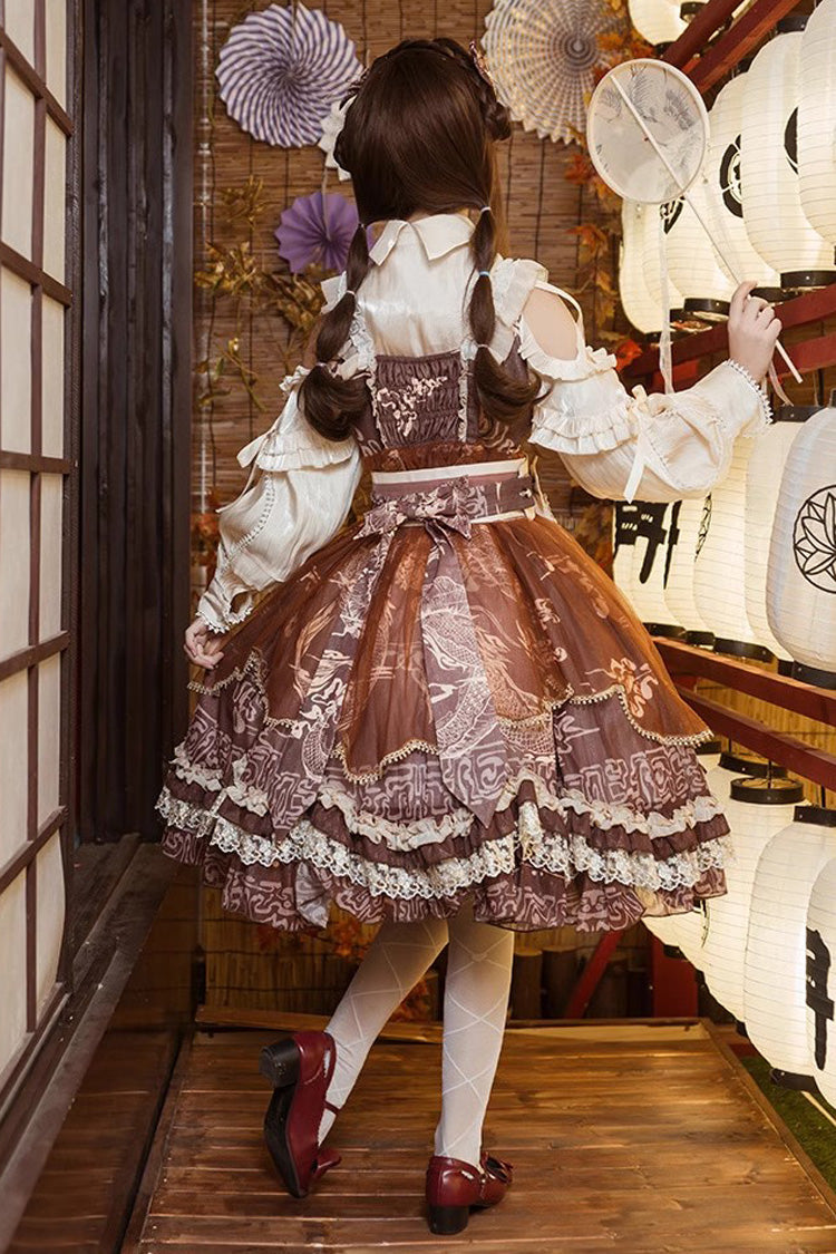Brown Yuelong Poetry Print Ruffle Lace Sweet Chinese Style Lolita Jsk Dress