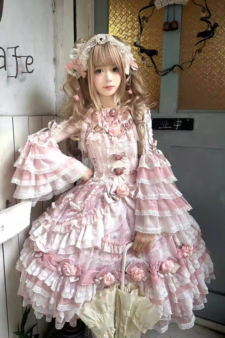 Pink Rose Manor Multi-Layered Ruffled Bow Lace Sweet Gorgeous Lolita Jsk Dress