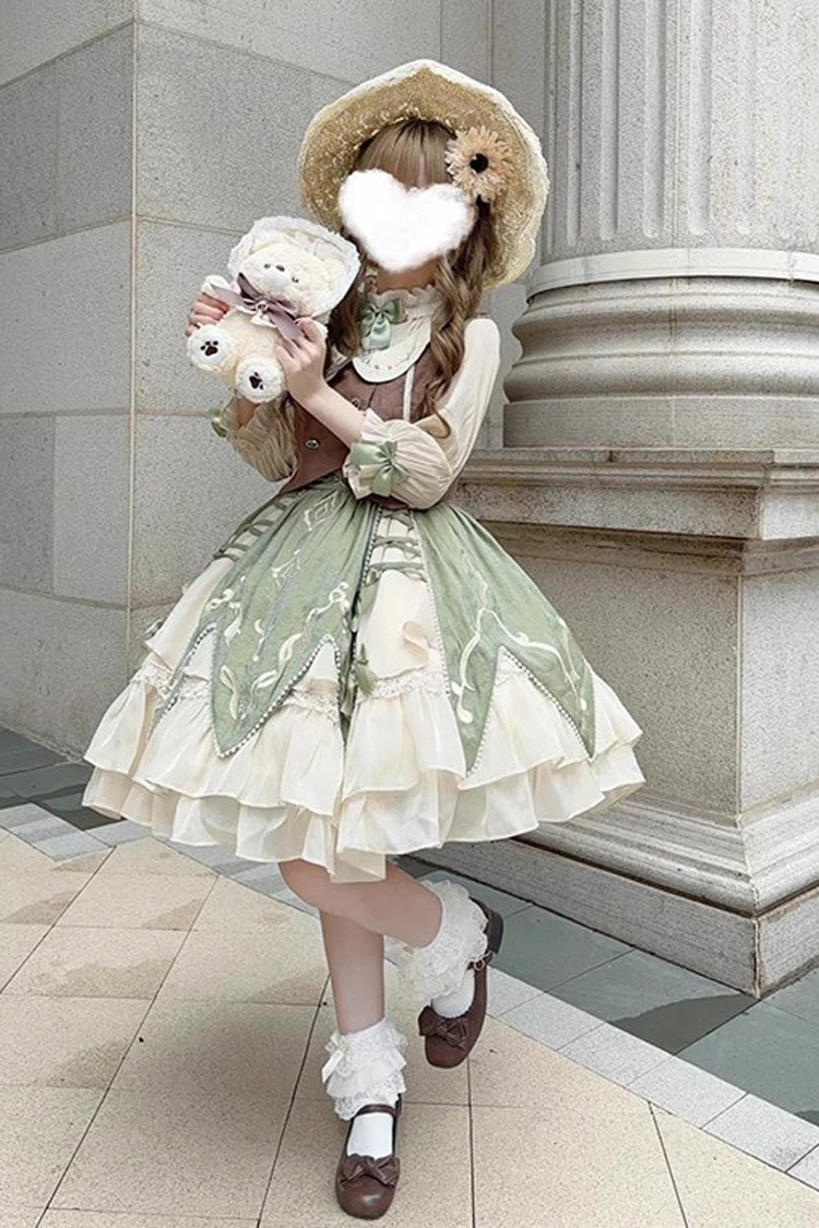 Green The Wizard of Oz Multi-Layered Print Ruffle Bowknot Sweet Lolita Dress Three Piece Set