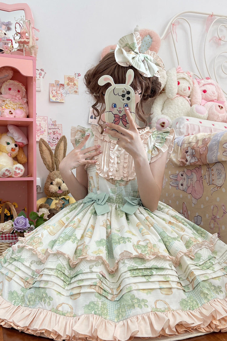 Green Grape Sleeveless Multi-Layered Print Bowknot Sweet Lolita Jsk Dress