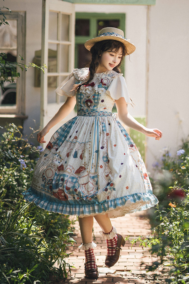 Blue/Green Tea Party Print Ruffle Bowknot Lace Sweet Elegant Lolita Jsk Dress