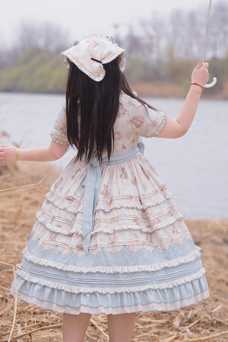 Blue/Apricot Harvest Bear Print Short Sleeves Multi-Layered Ruffle Bowknot Sweet Plus Size Lolita Dress 2 Versions