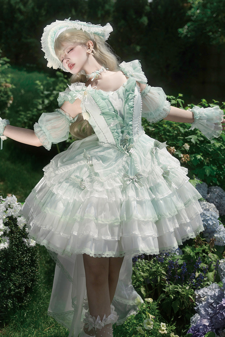 Green Tulip and Wind Chime Multi-Layered Ruffle Bowknot Lace Sweet Gorgeous Lolita Jsk Dress