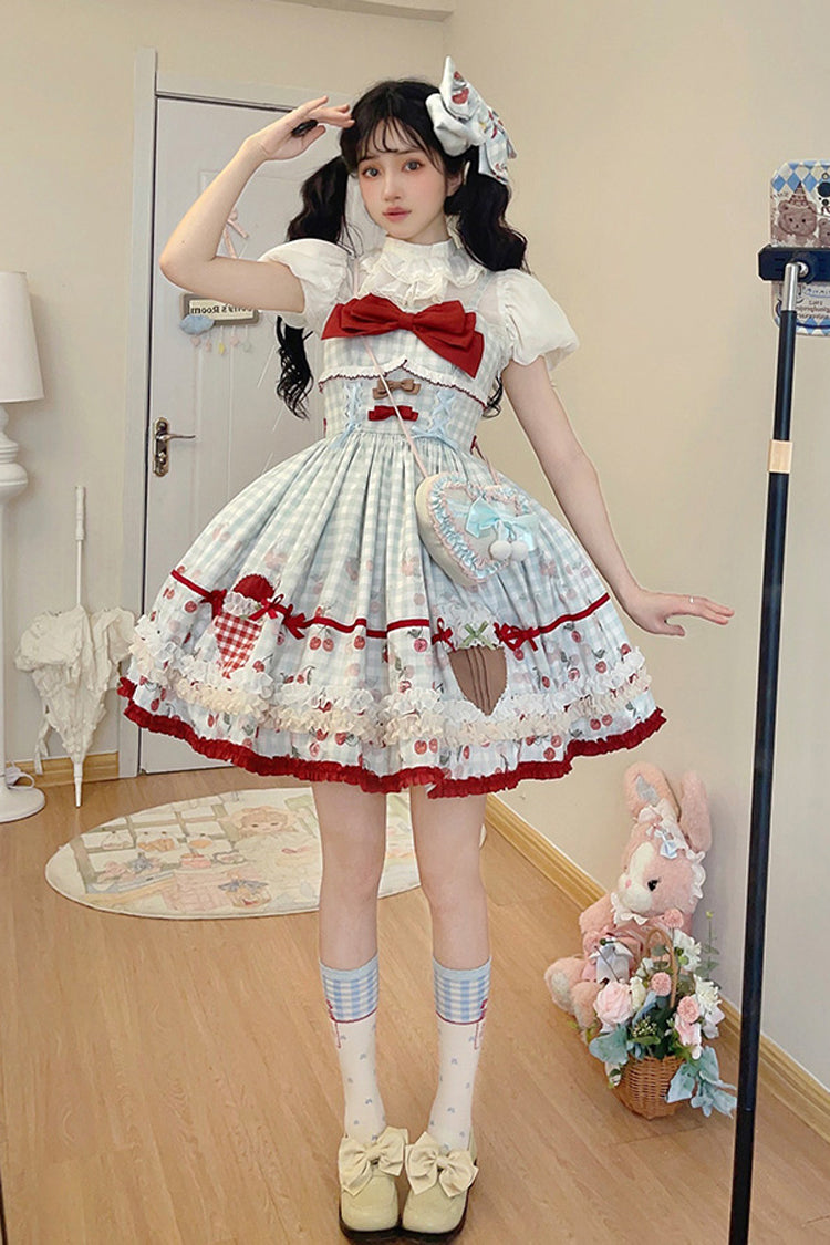 Light Blue South City Cherry Shop Plaid Print Ruffle Bowknot Sweet Lolita Jsk Dress
