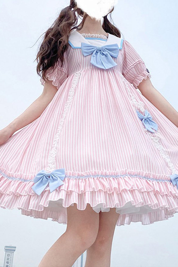 Navy Doll Collar Headbow Short Sleeve Striped Sweet Lolita Dress