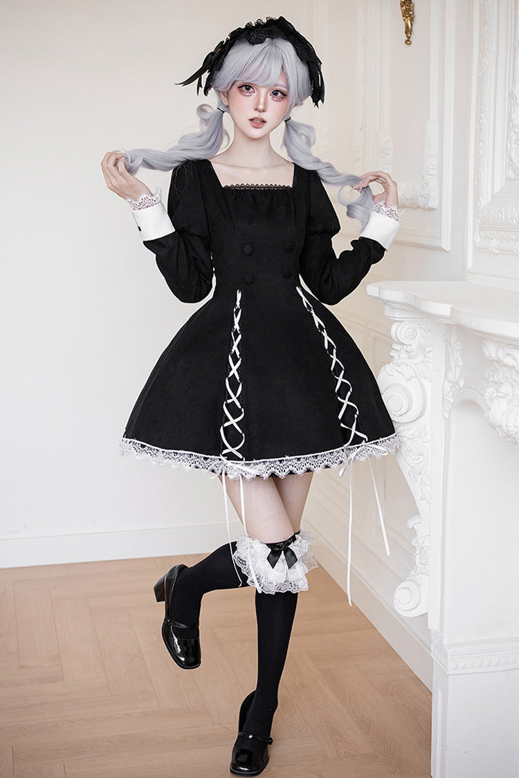 Black/White Rose Doll Square Collar Long Sleeves Bowknot Lace-Up Gothic Lolita Dress Set 2 Versions