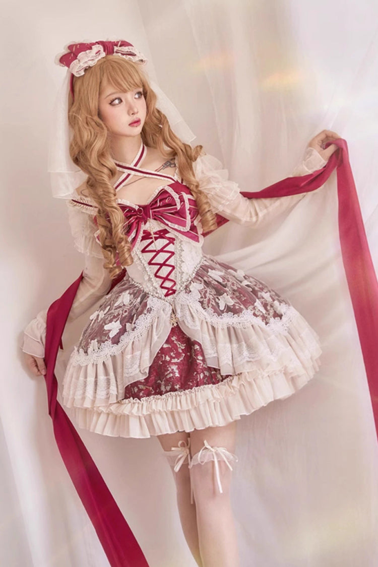 Red Lilibet Print Ruffle Cardigan Bowknot Lace Fishbone Sweet Lolita Dress