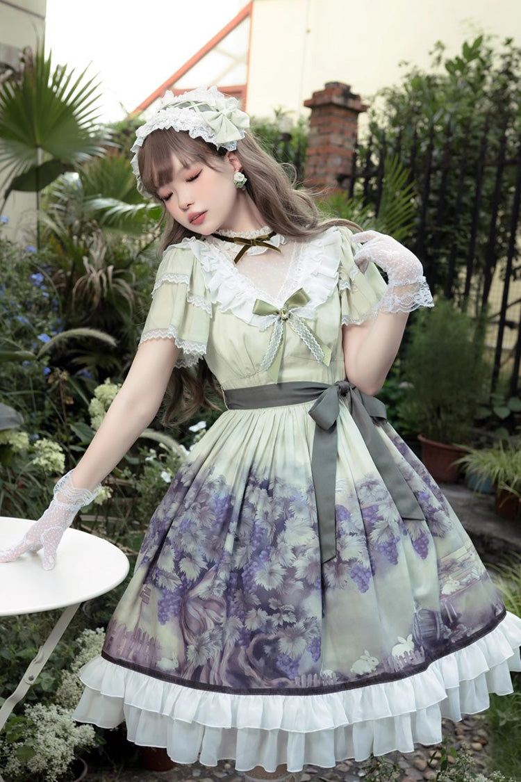 Multi-Color Short Sleeves Vineyard Print Ruffle Bowknot Sweet Princess Lolita Dress
