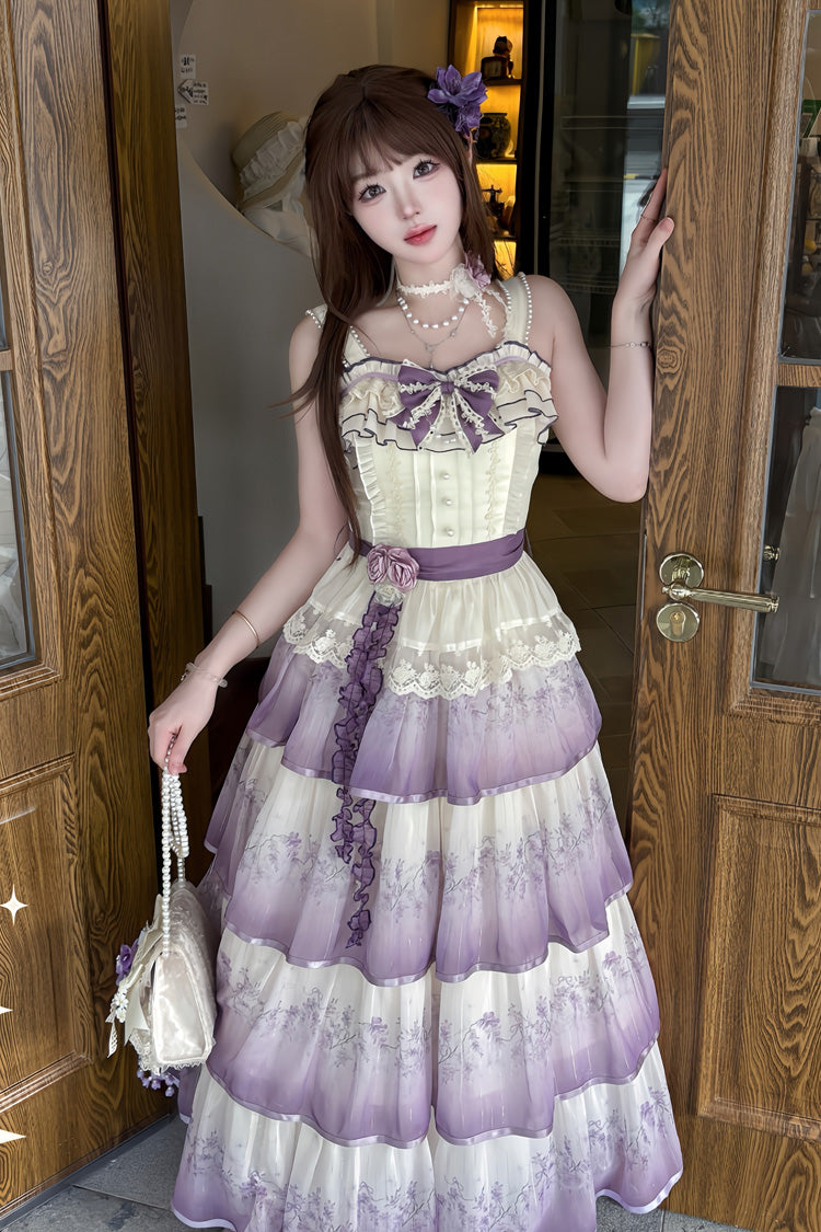 Purple Lilac Thoughts Sleeveless Gradient Multi-Layered Print Ruffle Bowknot Lace Sweet Lolita Dress Set