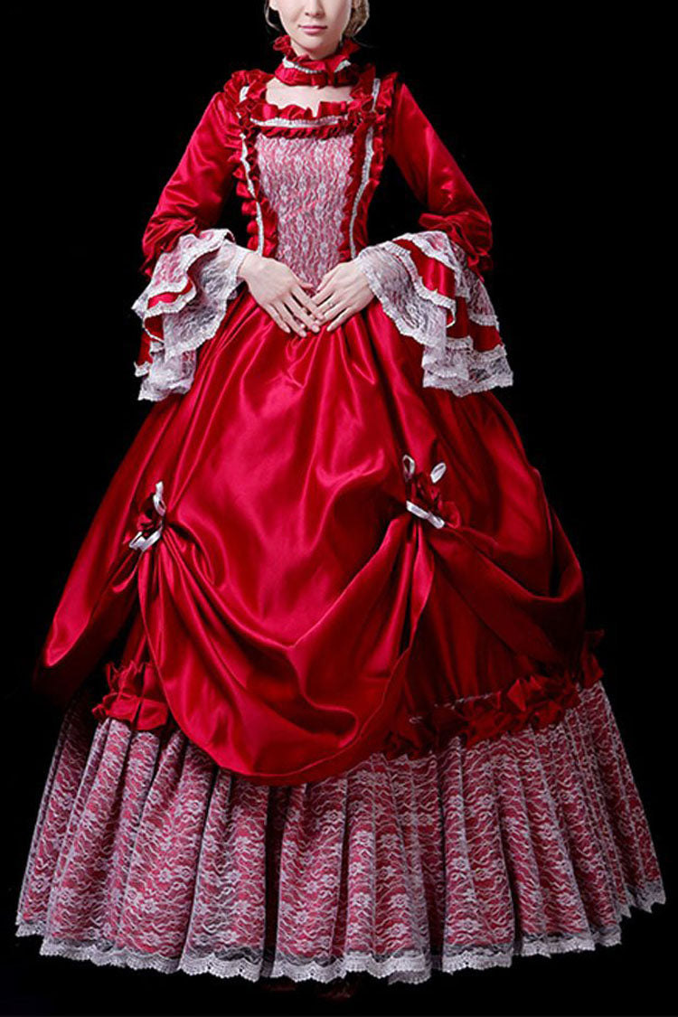 Red Multi-Layer Hime Sleeves High Waisted Hollow Embroidery Floral Print Victorian Lolita Prom Dress