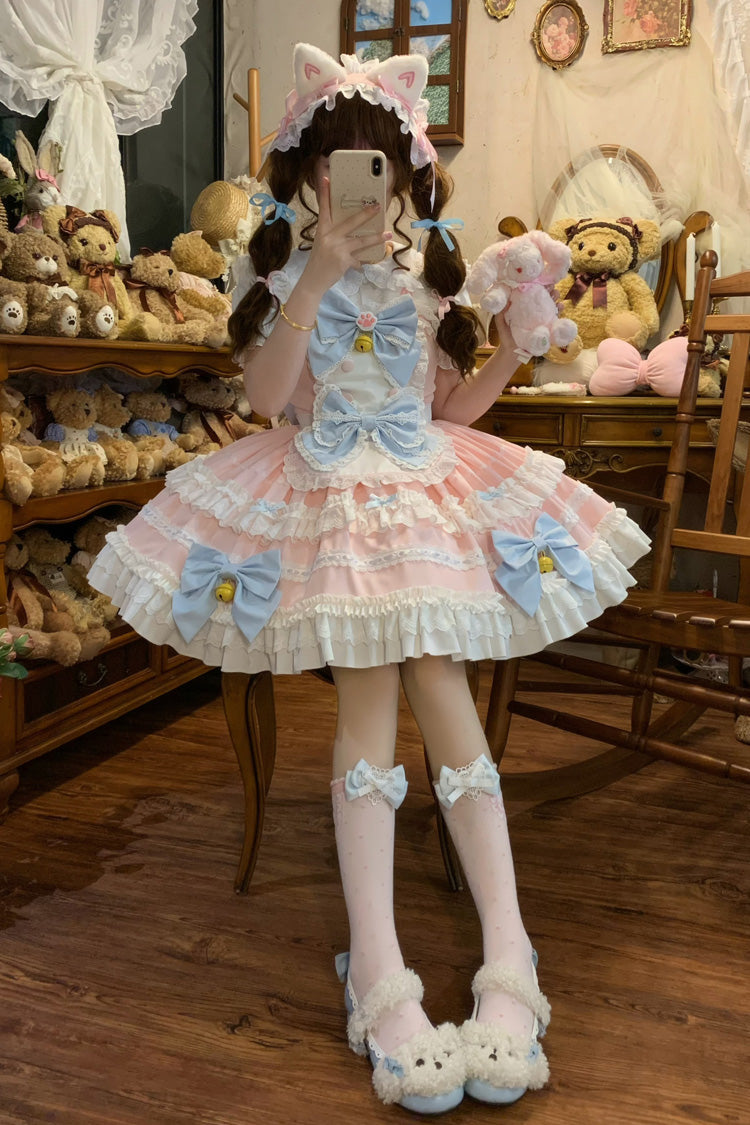 Pink Meowling Sweet Maid Sleeveless Multi-Layered Ruffle Bowknot Lace Sweet Princess Lolita Jsk Dress