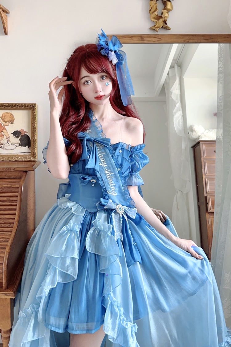 Blue Mermaid Princess Ruffle Hanayome Bowknot Sweet Elegant Lolita Jsk Dress Set