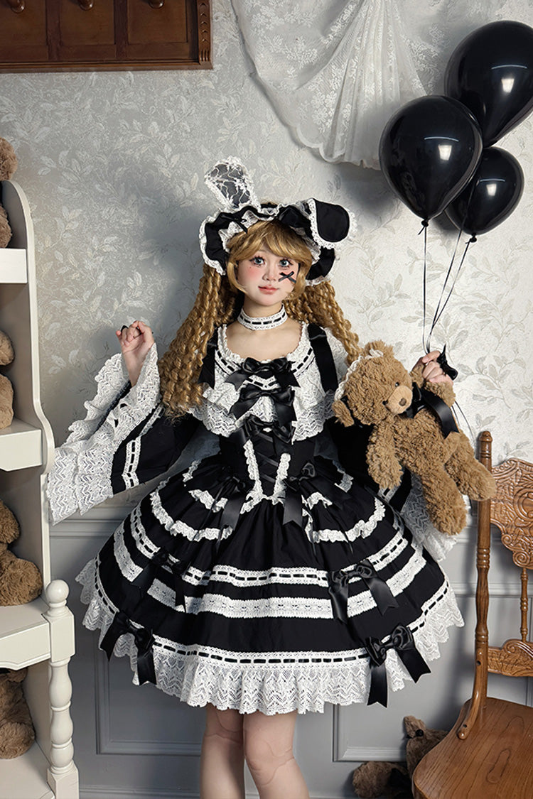 Black Rabbit Sleeping Doll Long Trumpet Sleeves Ruffle Bowknot Lace Sweet Lolita Dress