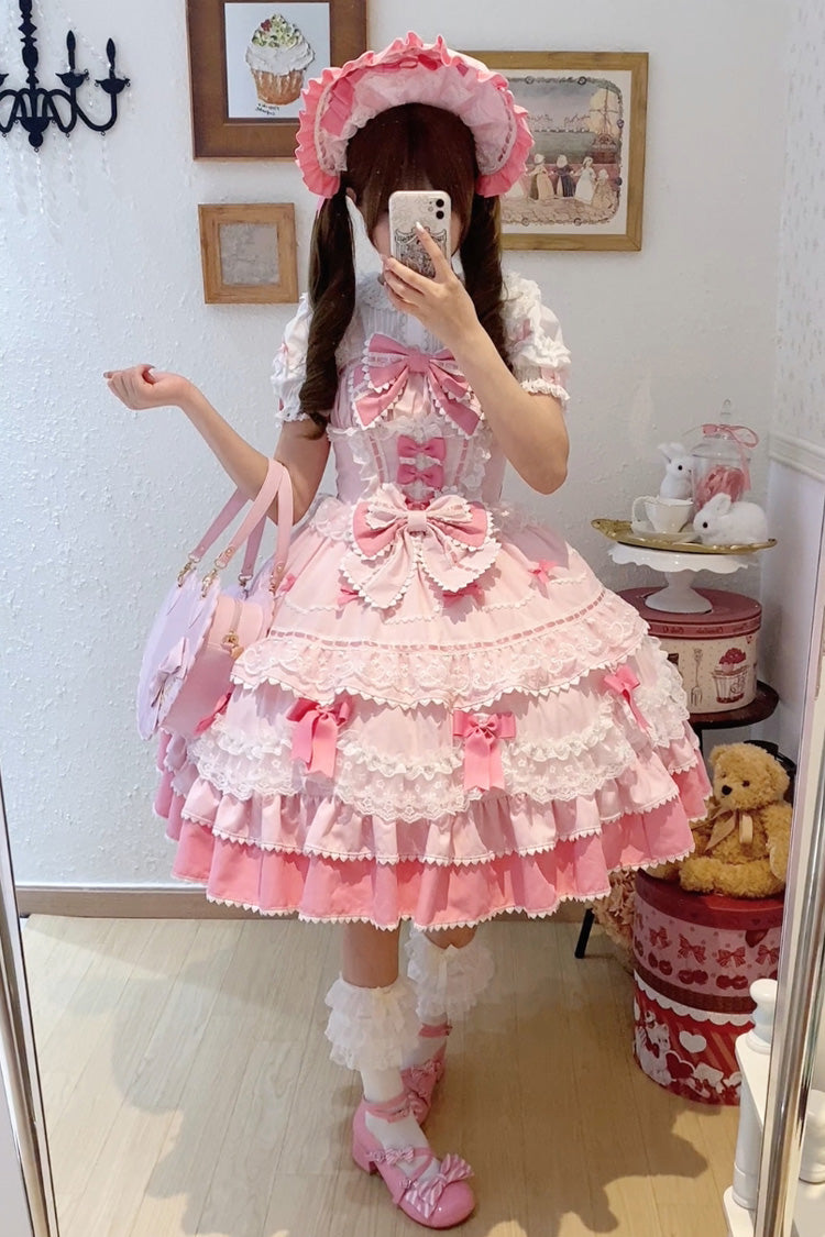 Pink Fondant Cake Sleeveless Multi-Layered Ruffle Bowknot Lace Sweet Lolita Jsk Dress
