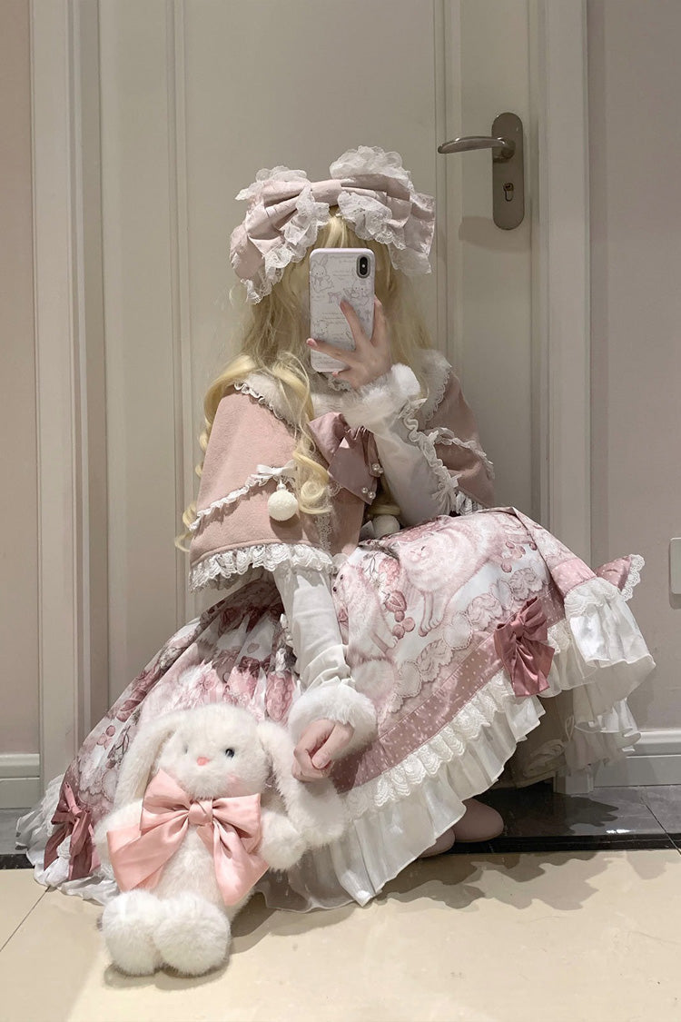 Pink Sweet Dessert Cat Print Ruffle Bowknot Lace Sweet Princess Lolita Dress Set