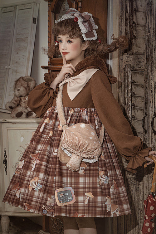 Brown Chest Big Bow Lantern Sleeves Mushroom Print With Sweet Lolita OP Dress