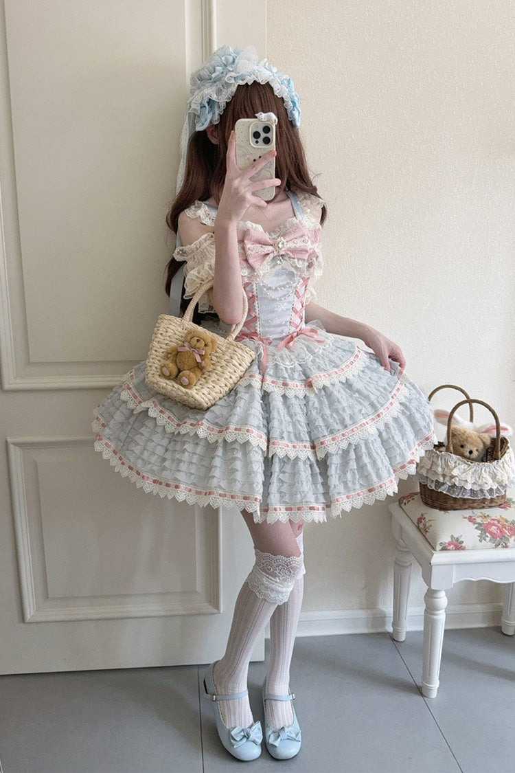 Blue Song of Floral Letters Sleeveless Triple-Layered Bowknot Lace-Up Sweet Lolita Jsk Dress