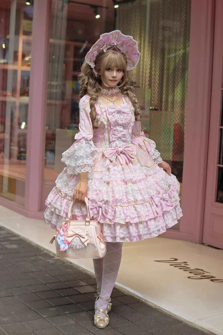 Pink Candlelight Elegance Long Trumpet Sleeves Multi-Layered Ruffle Bowknot Lace Sweet Elegant Lolita Dress