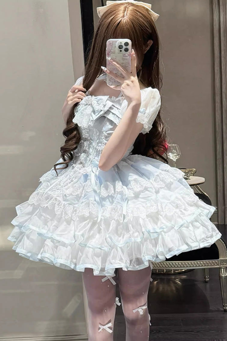 White/Blue Ice Dance Halterneck Multi-Layered Bowknot Lace Sweet Ballet Lolita Dress