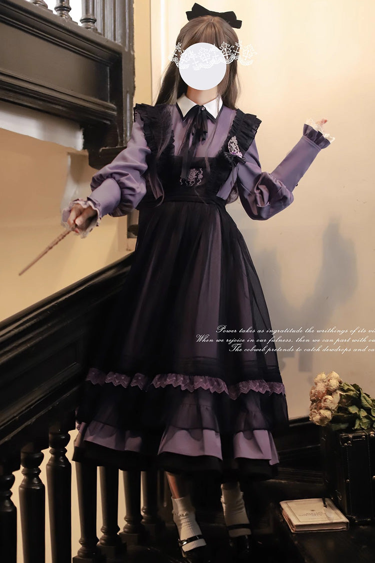 Black Witch Academy Double-Layered Ruffle Embroidery Bowknot Mesh Sweet Elegant Lolita Jumper Dress