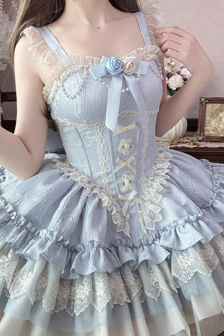 Blue Fleeting Light and Shallow Dream Sleeveless Multi-Layered Ruffle Bowknot Lace Slim Sweet Ballet Lolita Jsk Dress