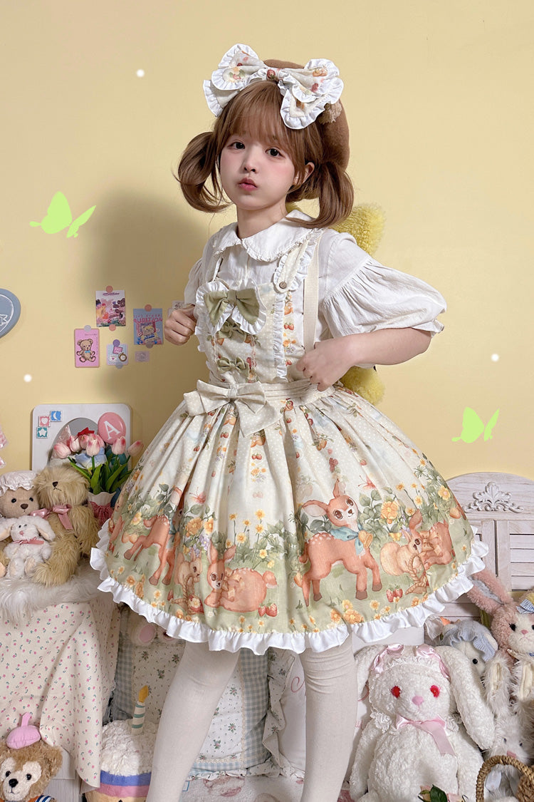 Multi-Color Little Deer Gathering Sleeveless Print Ruffle Bowknot Daily Sweet Lolita Strap Dress