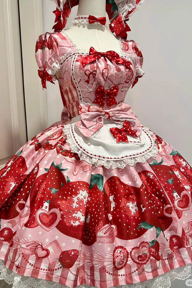 Dream to Strawberry Print Short Sleeves Ruffle Bowknot Lace Sweet Lolita OP Dress 4 Colors