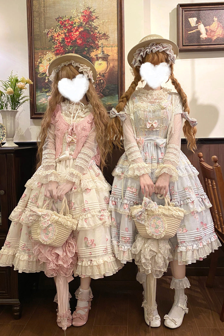 Strawberry Garden Sleeveless Multi-Layered Printed Ruffled Bow Sweet Lolita Jsk Dress 2 Colors