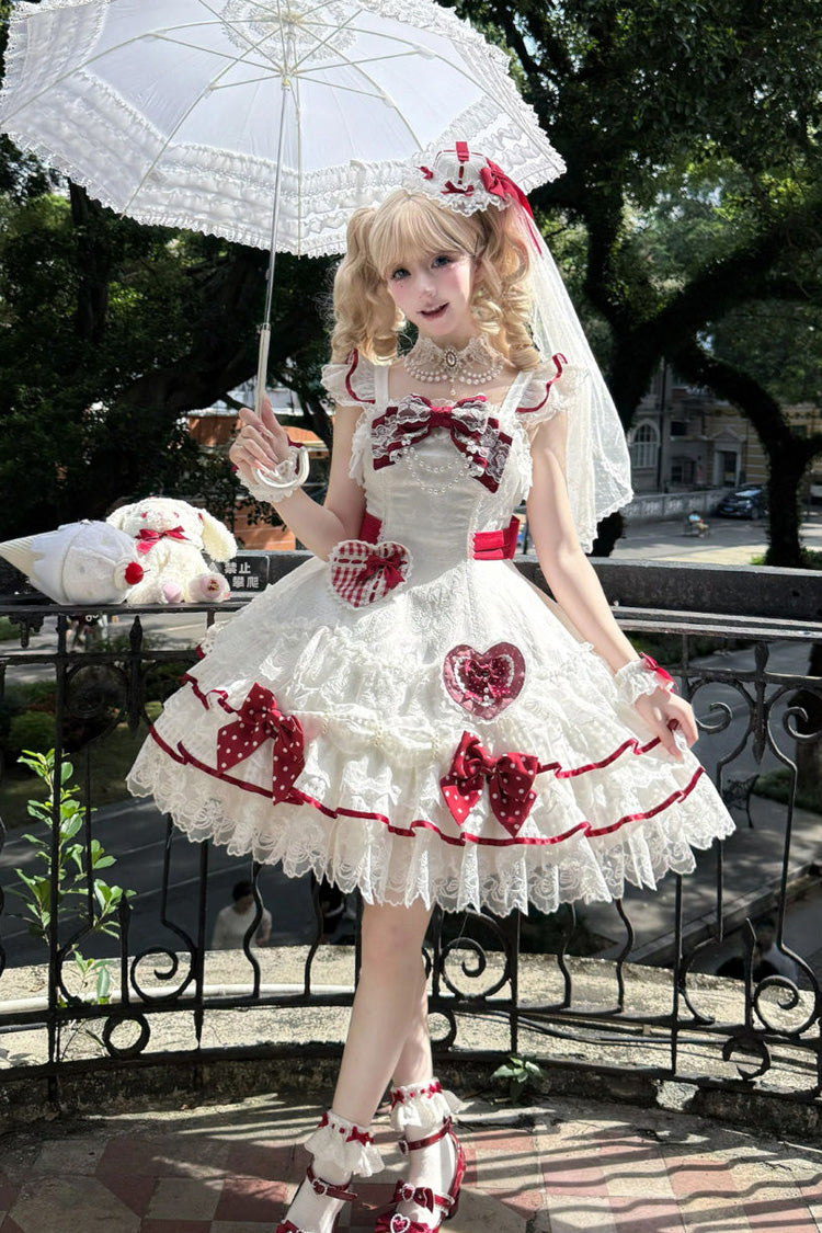 White Polka-Dot Love Letter Sleeveless Double-Layered Bowknot Lace Pearl Sweet Lolita Jsk Dress