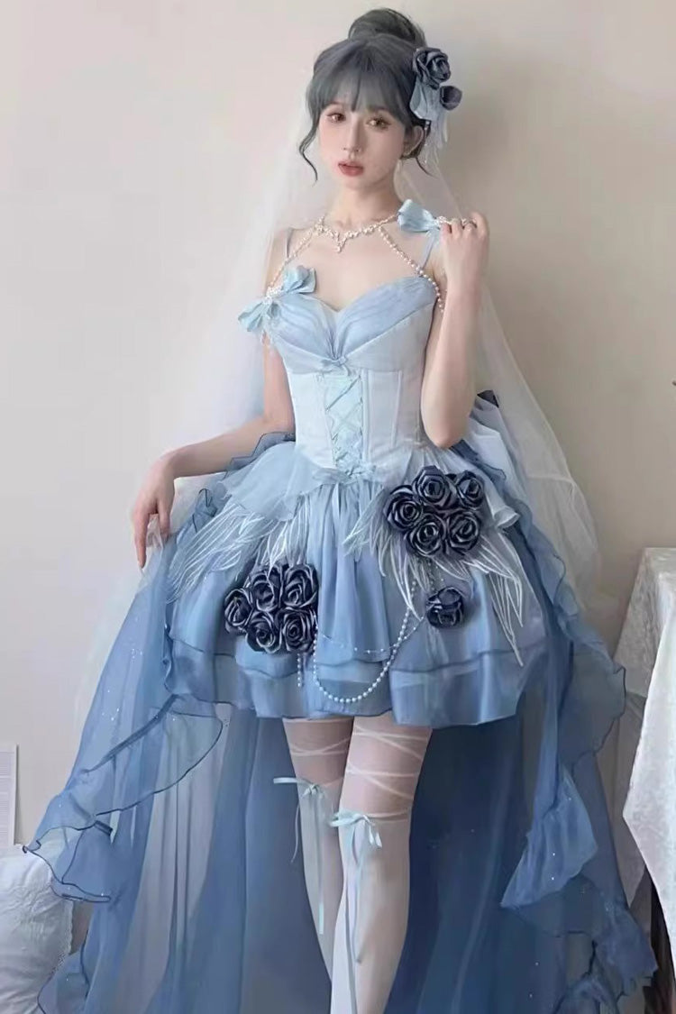 Sky Blue Swan Wonderland Embroidery Bowknot Lace-Up Sweet Ballet Lolita Jsk Dress Short Version