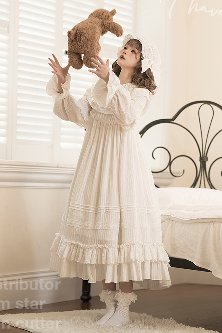 White Good Night Long Sleeves Double-Layered Ruffle Bowknot Lace-Up Holy Sweet Lolita Dress