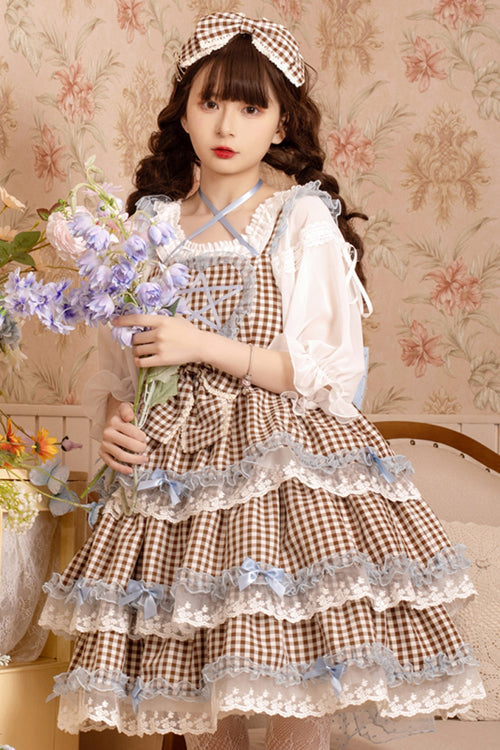 Brown Plaid Print Lace Layered Ruffled High Waist Sweet Lolita JSK Dress