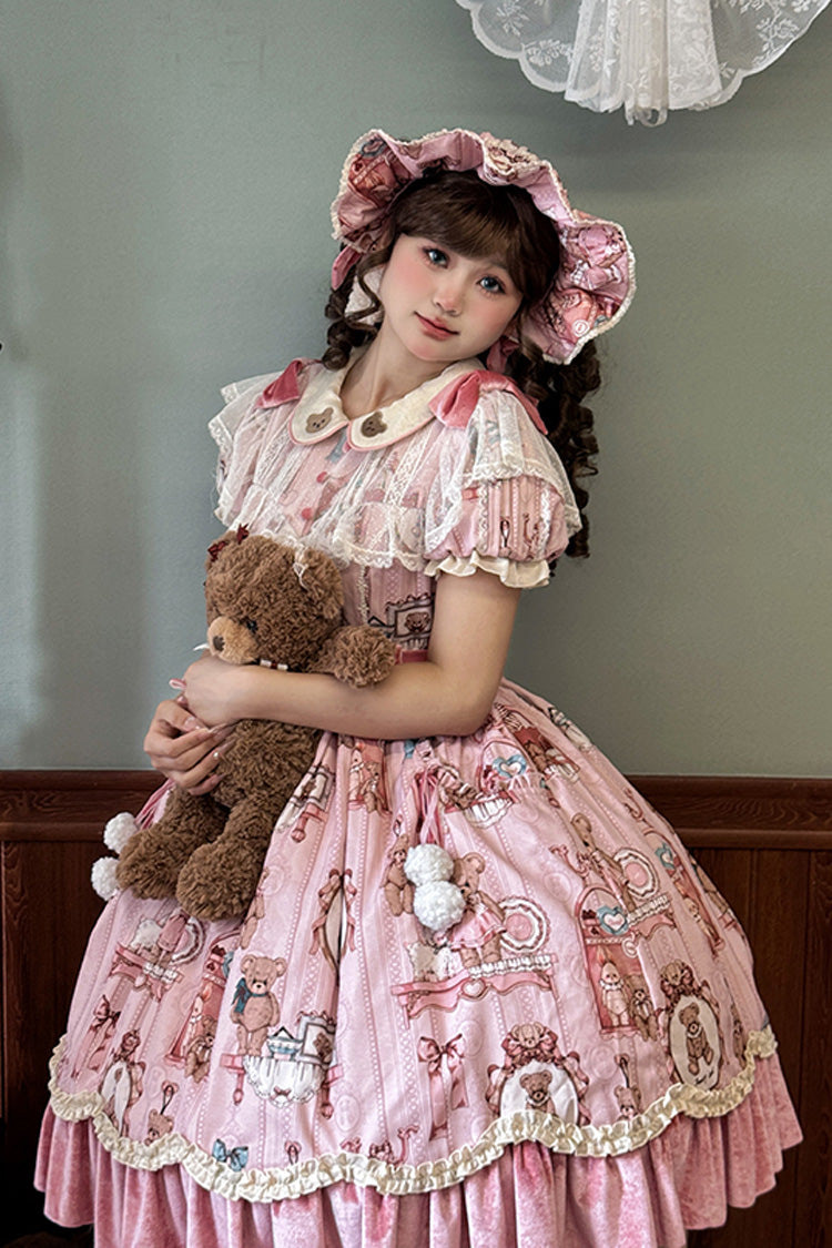 Pink Bear Doll Wall Print Short Sleeves Ruffle Embroidery Bowknot Sweet Lolita Dress