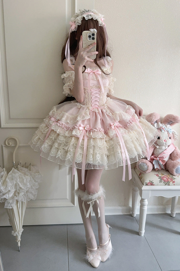 Pink Ribbon Heart Love Sleeveless Multi-Layered Ruffle Bowknot Lace Lace-Up Sweet Princess Ballet Lolita Jsk Dress