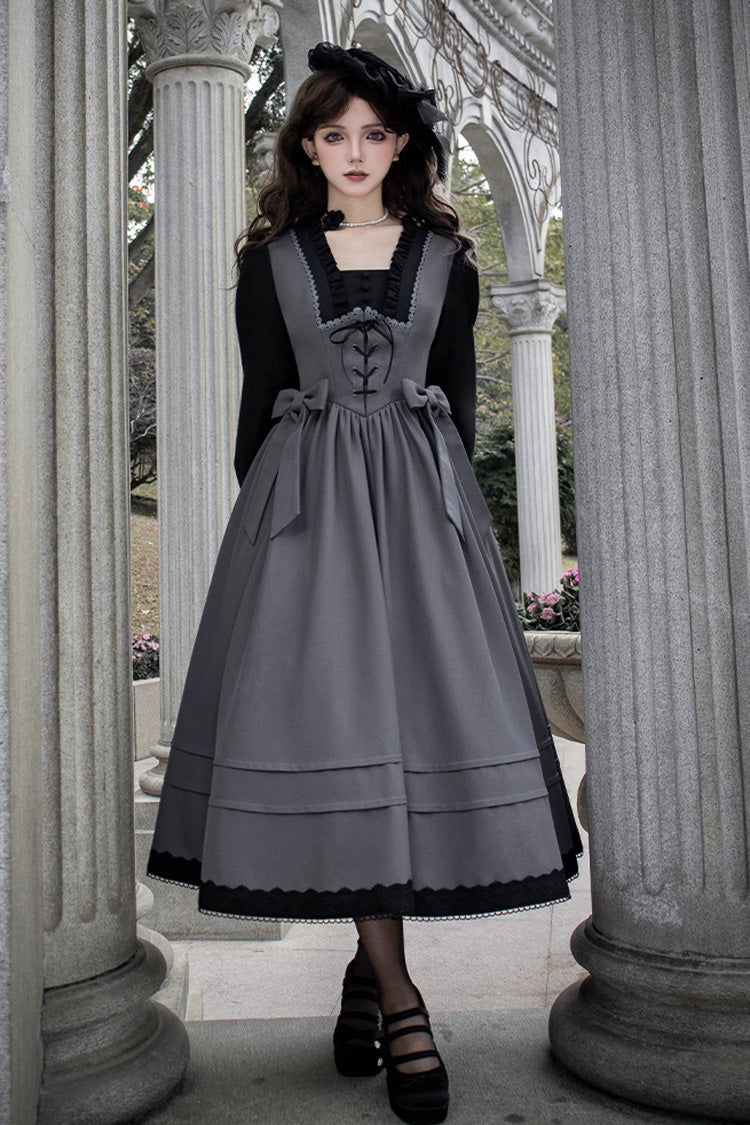 Grey Mist Chronicle Square Collar Long Sleeves Bowknot Lace-Up Color-Block Fake Two Pieces Classic Lolita Dress
