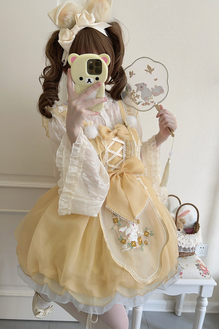 Yellow Moon Rabbit Shadow Embroidery Ruffle Bowknot Lace Sweet Lolita Jsk Dress