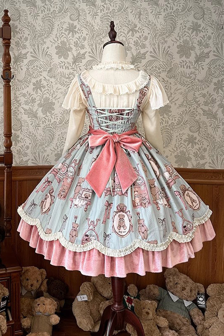 Pink/Green Bear Doll Wall Print Ruffle Embroidery Bowknot Sweet Lolita Jsk Dress