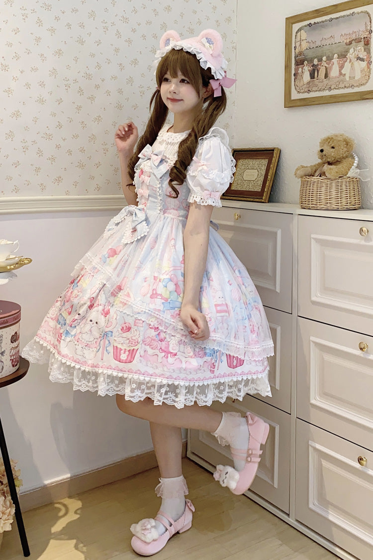 Blue Cute Rabbit Sweet Cake Print Ruffle Bowknot Lace Sweet Lolita Jsk Dress