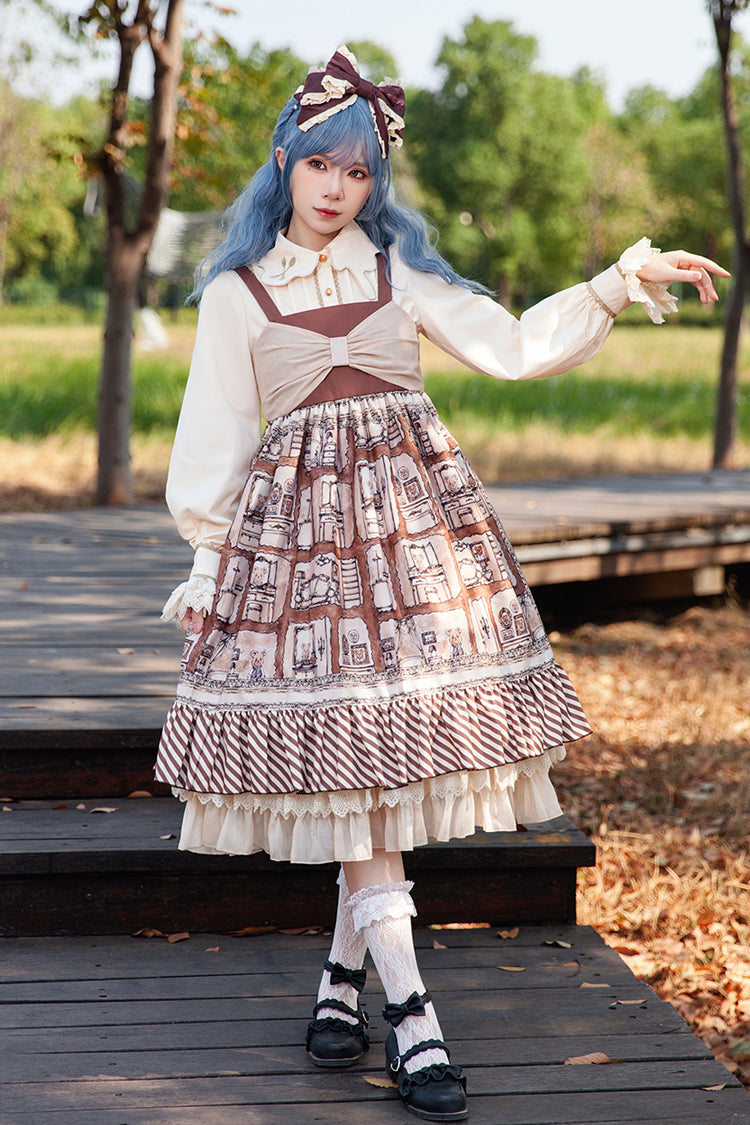 Brown Underground Bear Print Ruffle Bowknot Sweet Lolita Dress