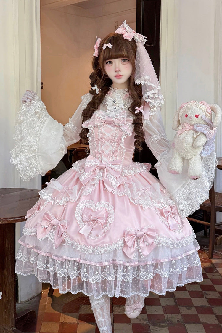 Pink Sweetheart Sleeveless Multi-Layered Embroidered Bow Lace Lace-Up Sweet Lolita Jsk Dress