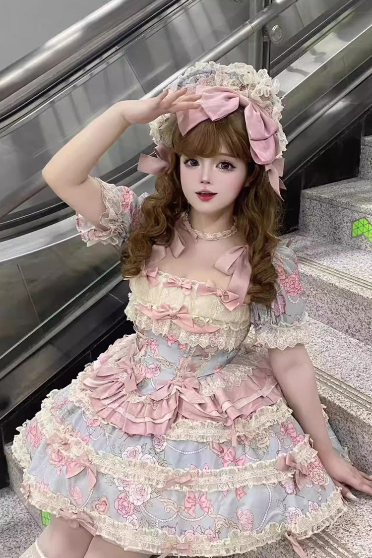 Blue/Pink Gem Rose Multi-Layered Ruffle Bowknot Lace Sweet Princess Lolita Skirt 2 Versions