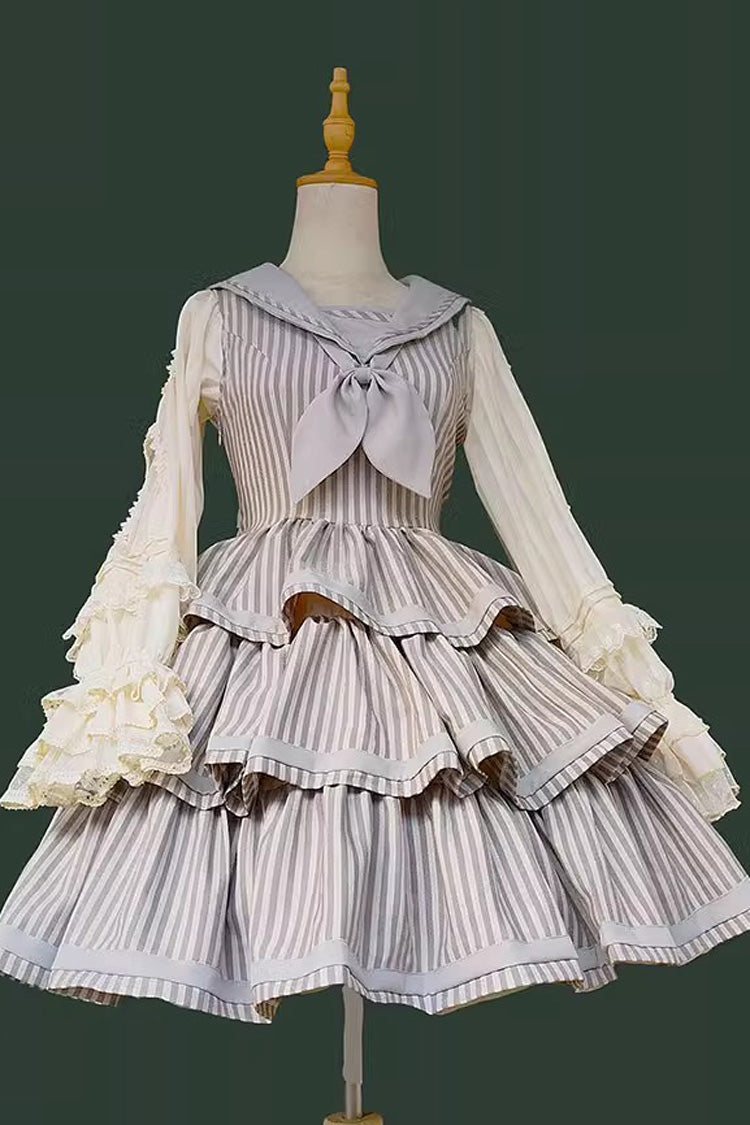 From the Other Side Sleeveless Triple-Layered Vertical Stripes Print Print Ruffle Bowknot Sweet College Style Lolita Jsk Dress